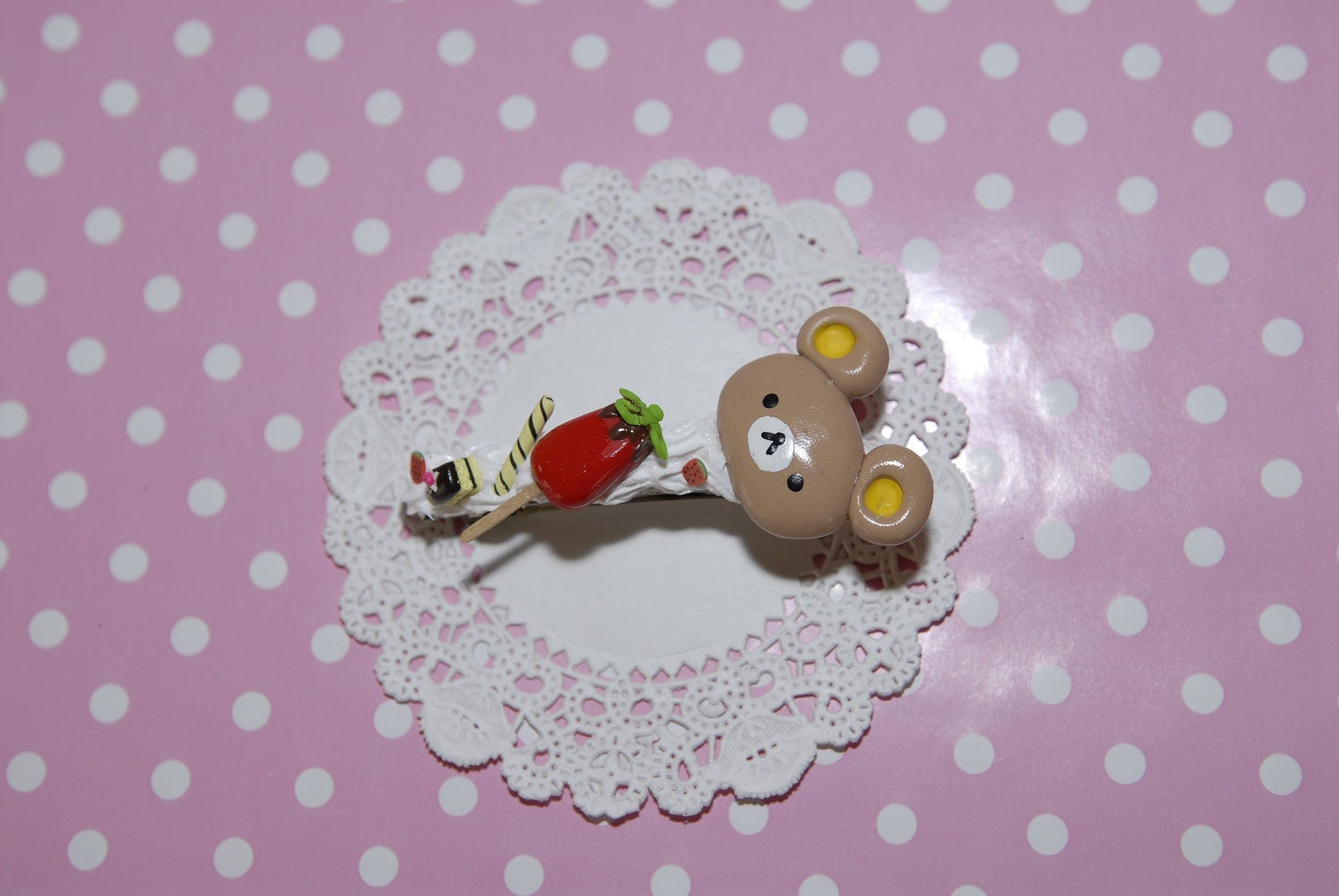 Barrette- Hair Accessories- Deco Den- Kawaii- Food Barrette- Bear Strawberry Barrette - Girl Hair Accessories