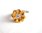 Upcycled jewelry adjustable ring made of golden flower button & rhinestones, eco friendly, recycled