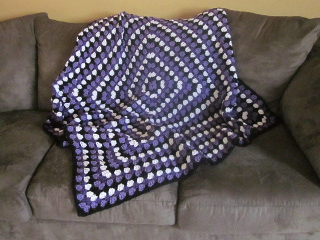 Blanket, Afghan, Crocheted Blanket, lap blanket, couch blanket, black, purple, white stripes