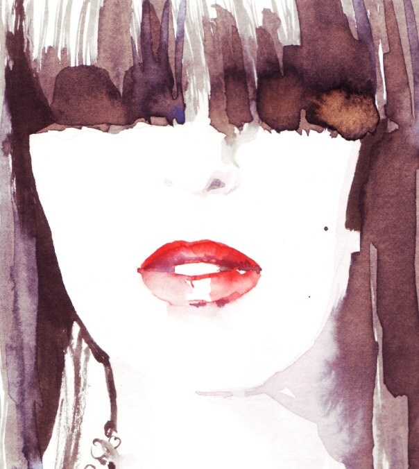 Print of Watercolor Painting, Fashion Illustration, Watercolor Painting, illustration by Ioana Avram, red lips and black hair