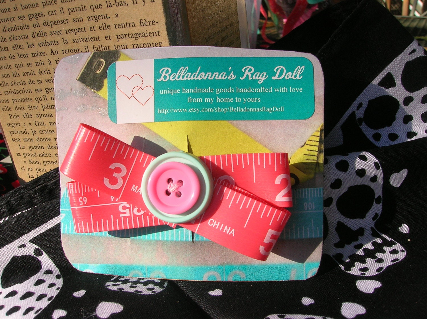 bright salmon pink, genuine measuring tape recycled handmade button hair bow, barrette, retro, quirky