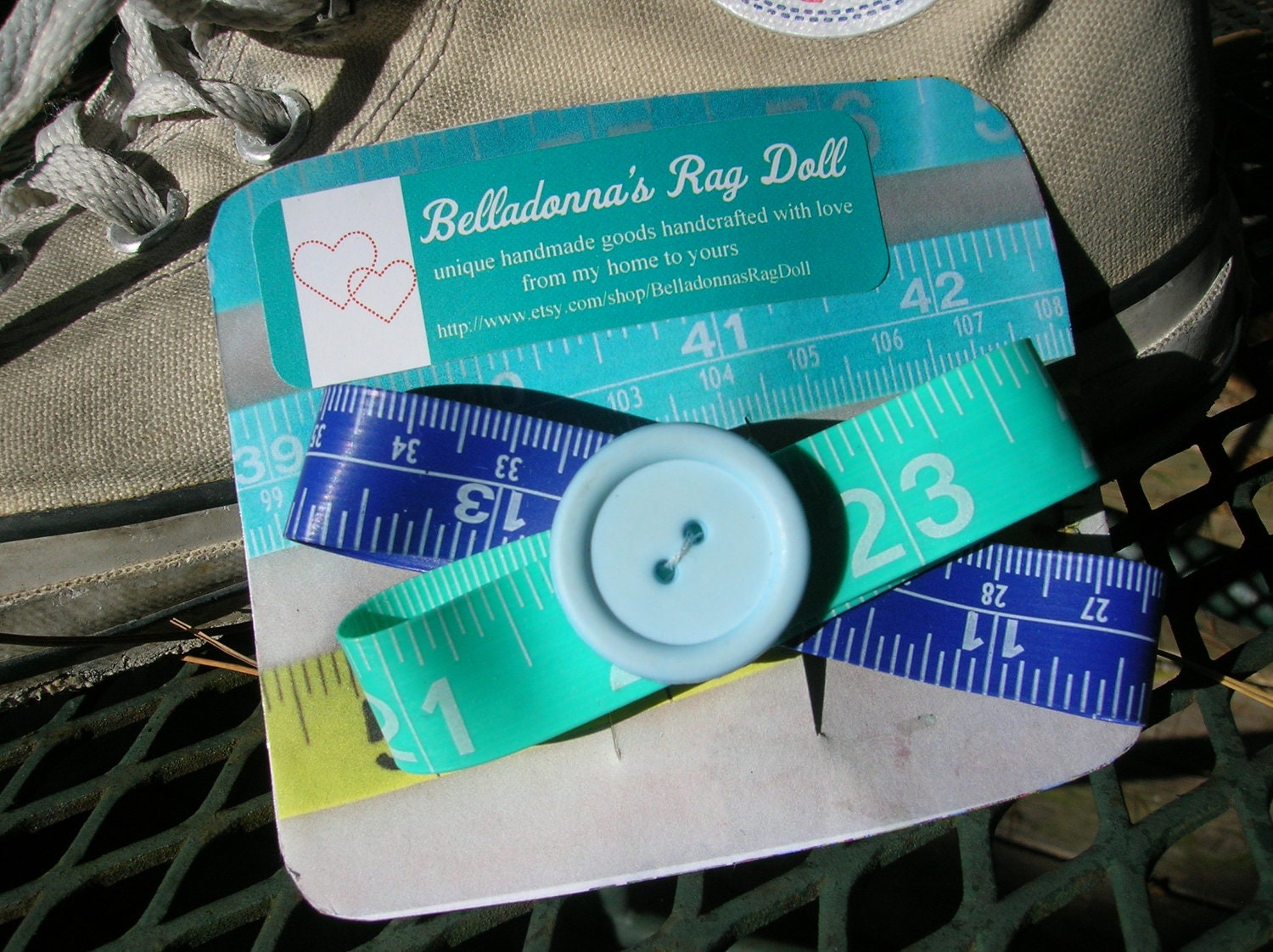 boho blues genuine recyled measuring tape hairbow, handmade button hair accessory, quirky, unique, retro, cute, kitschy, ooak