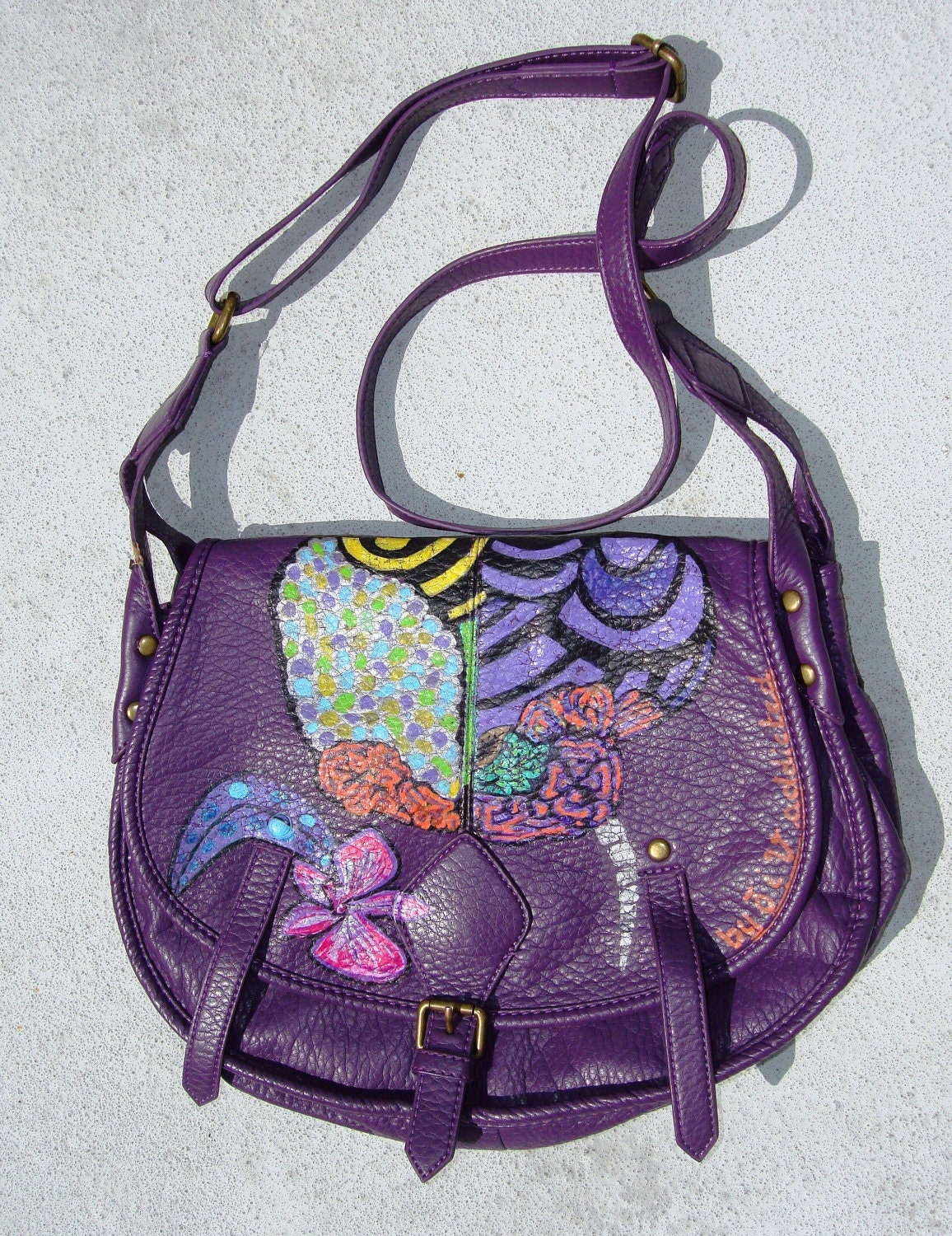 Handmade women purple hand painted Leather shoulder bag UNIQUE