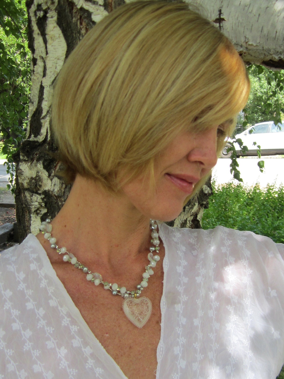 Glass Heart Necklace - 2 Strands Warm White Swarovski Crystals