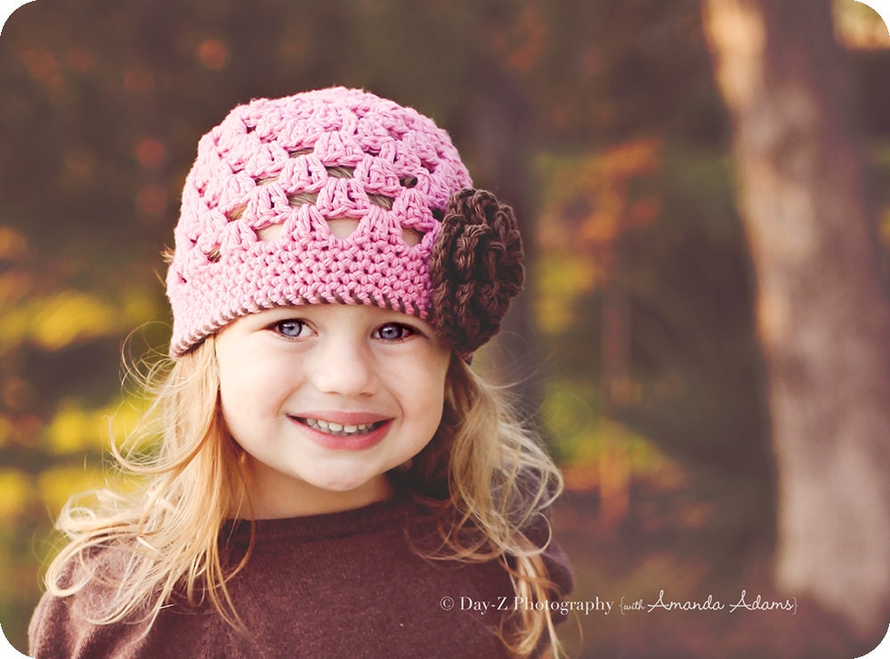 Girls Crochet Beanie Hat  - Fall Hat - Brown and Pink