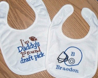 Football Baby Boy Bib Set / Personalized - I'm Daddy's 1st round draft pick - Football Helmet