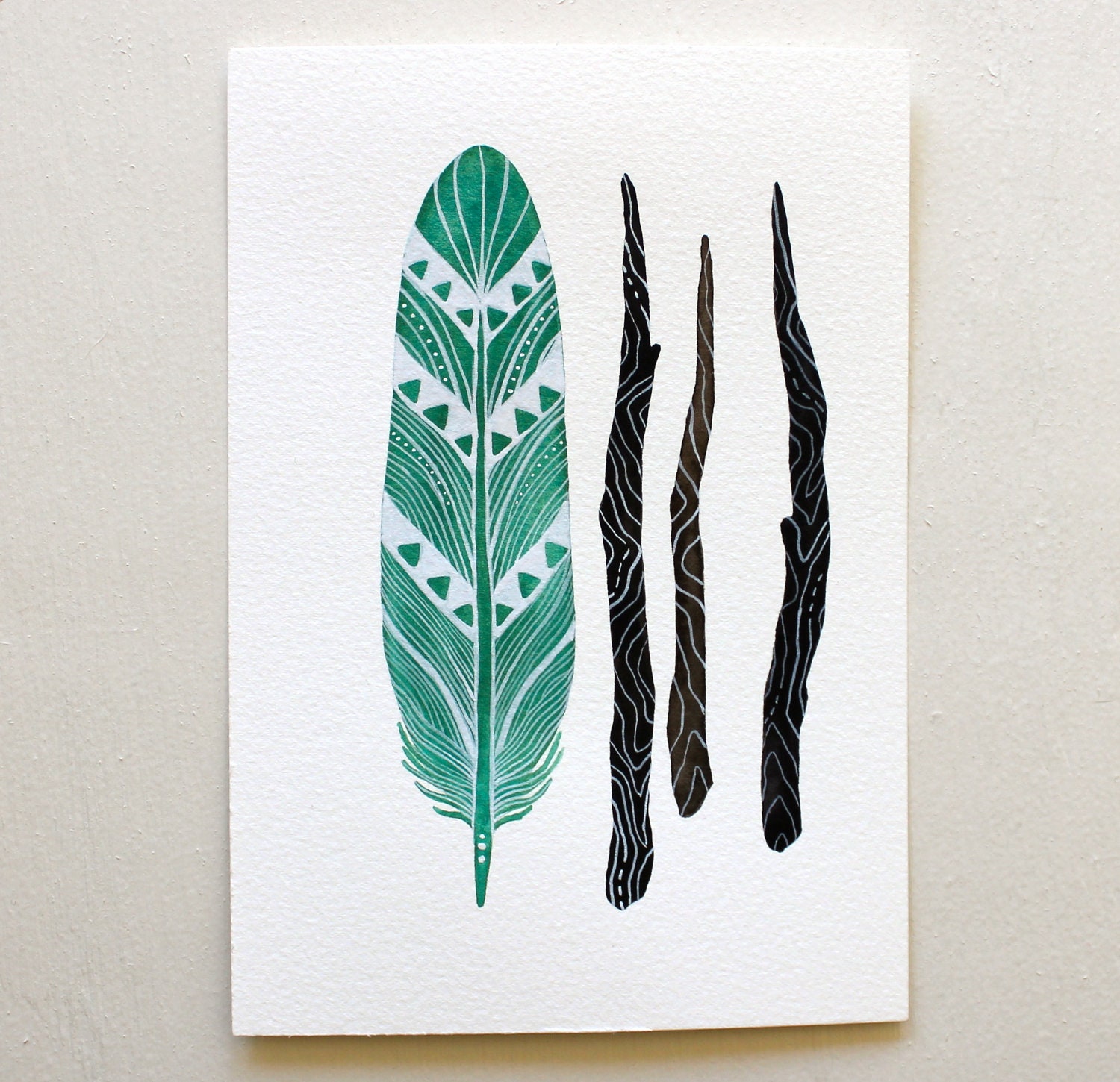 Watercolor Nature Art - Feather and Sticks Archival Print 5x7