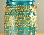 Moroccan Designed Mason Jar Lantern, Teal Glass with Gold Detailing