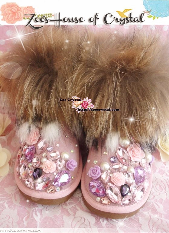 WINTER Pink Sheepskin Cuff Wool Boots with shinning and elegant CRYSTALS and FLOWERS