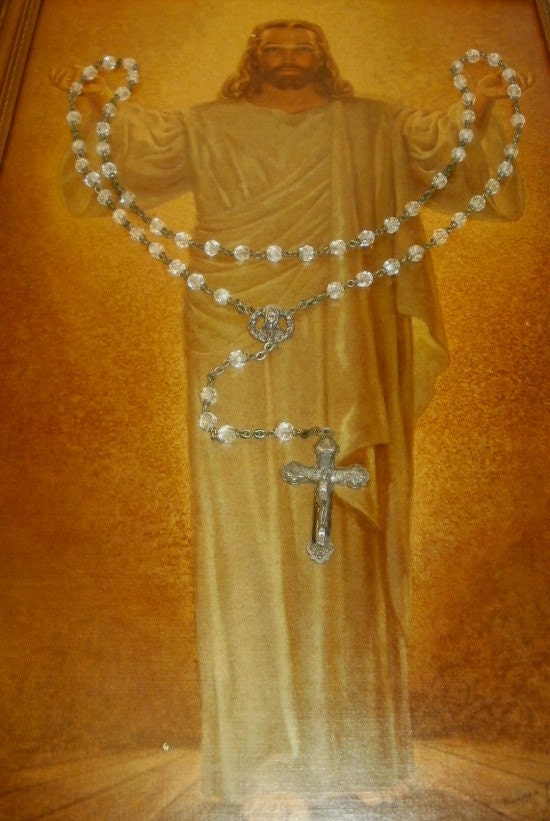Vintage Italian Glass Bead Rosary Necklace INRI