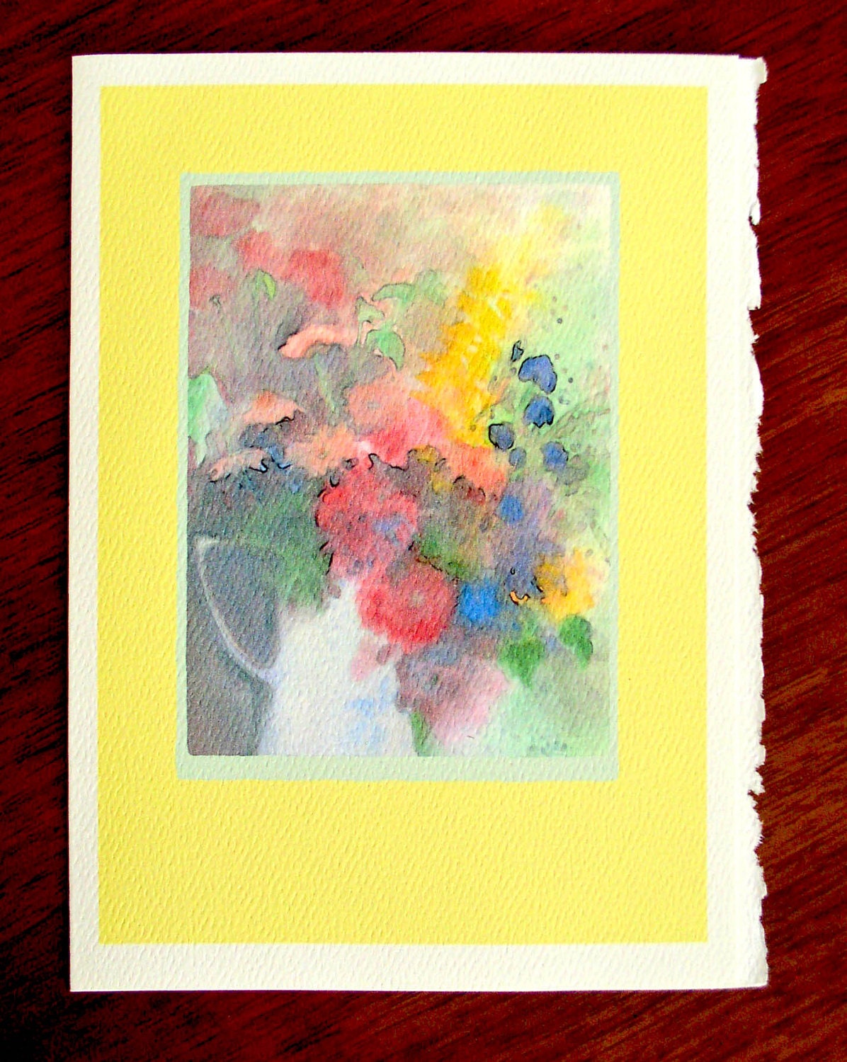 Set of 4, Beatuiful Art Card, Monotype print, Bouquet of Summer Flowers, Thank you Card, Get Well Card,  All Occasion Card.