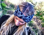 Blue Leopard Turband Headband SOFT Wide Turban Head Wrap Animal Pattern Ear Warmer Hair Wrap great Stocking Stuffers