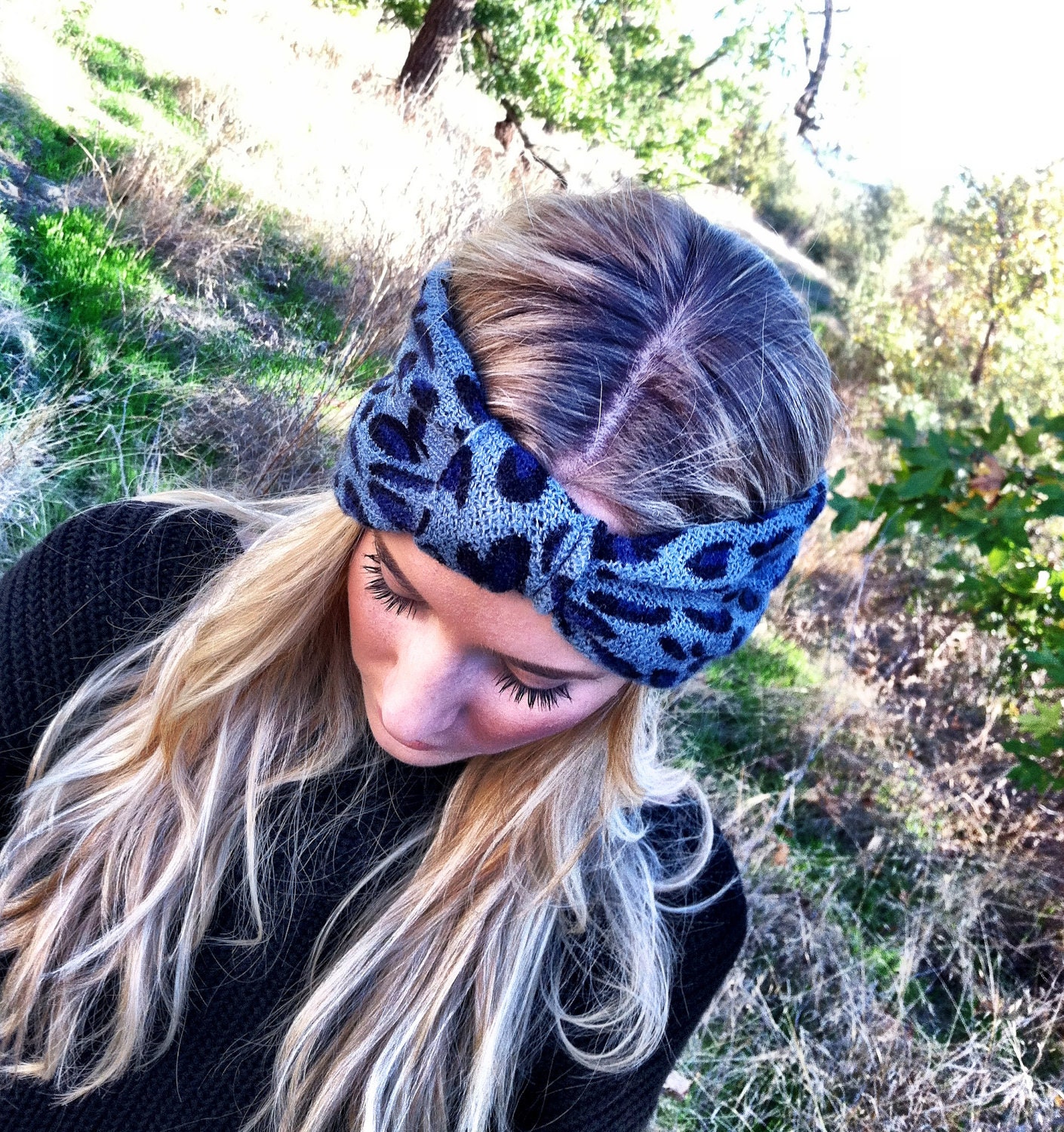 Blue Leopard Turband Headband SOFT Wide Turban Head Wrap Animal Pattern Ear Warmer Hair Wrap great Stocking Stuffers