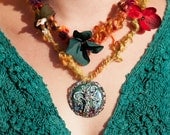 Pagan Tribal Winter Solstice Tree Pendant Art Yarn Necklace - Polymer Clay Flowers - Hand Sculpted Cameo - Wiccan Fiber Wearable Art Jewelry