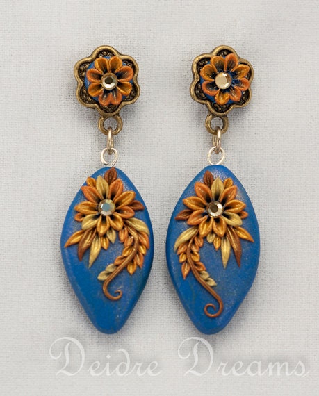Romantic Flower Stud Dangle Earrings - Polymer Clay Flowers Appliqued - Art Deco Gold Drop Earrings - Boho Hippie Gypsy Bridal Jewelry