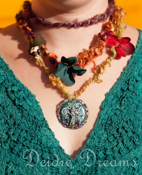Pagan Tribal Winter Solstice Tree Pendant Art Yarn Necklace - Polymer Clay Flowers - Hand Sculpted Cameo - Wiccan Fiber Wearable Art Jewelry