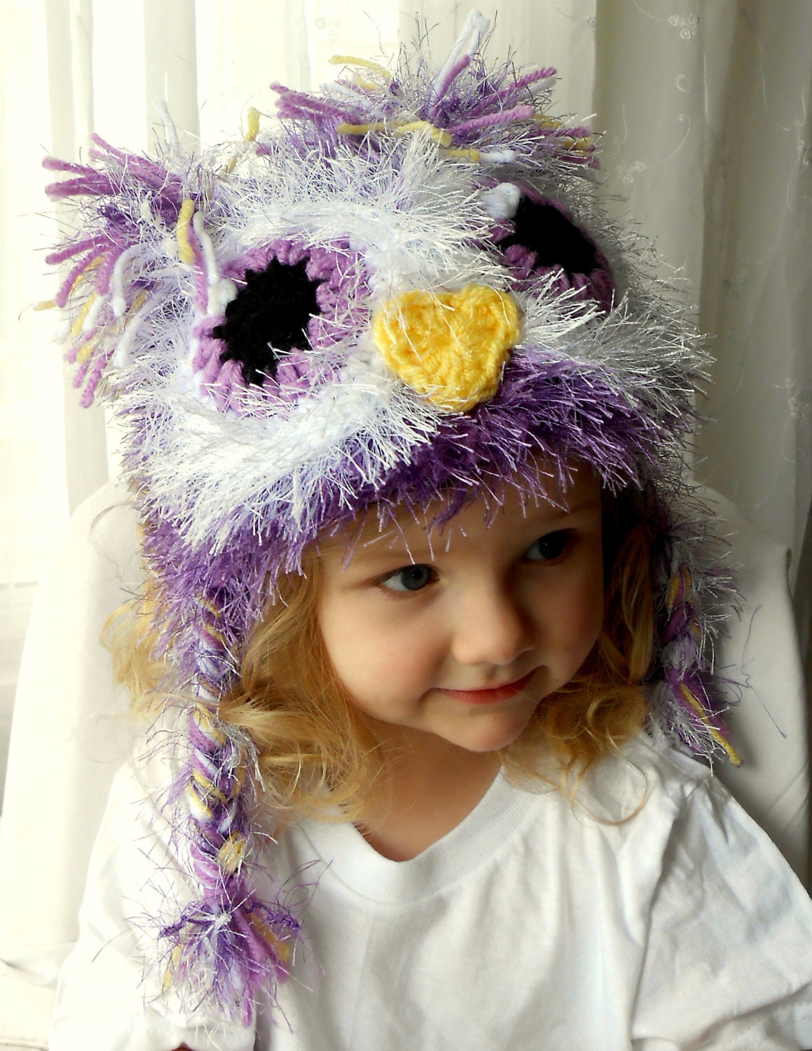 Fuzzy Purple Owl Hat- Girl Owl Hat- Warm Durable Winter Beanie with Earflaps- Purple Lavender, Yellow and White- Girl Photography Prop