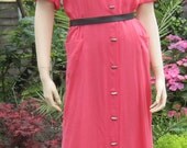 Vintage 40s/50s  coral pink button-thru dress, linen blend, Bust 44" PLUS size