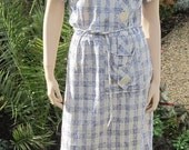 Vintage 30s 40s dress, textured off white and navy plaid, huge MOP buttons, Deco, Bust 38"