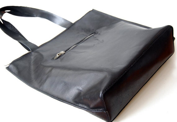 Handmade Black Leather Tote Bag