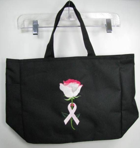 Embroidered Breast Cancer Awareness Rose Tote Bag