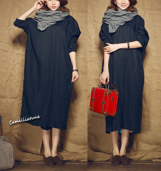long linen dress/ loose fitting shirt dress in black / longsleeve dress - custom