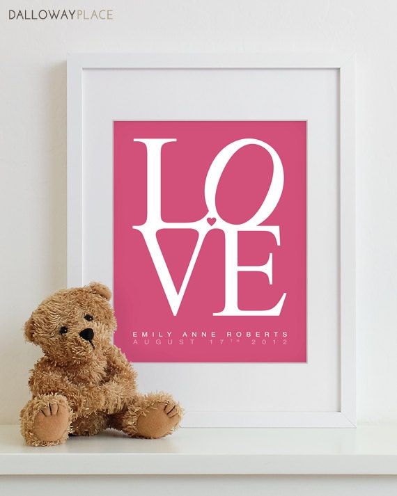 Kids Wall Art Nursery Print LOVE Poster - personalized shower gift baby birth announcement boys name girls childrens 11x14