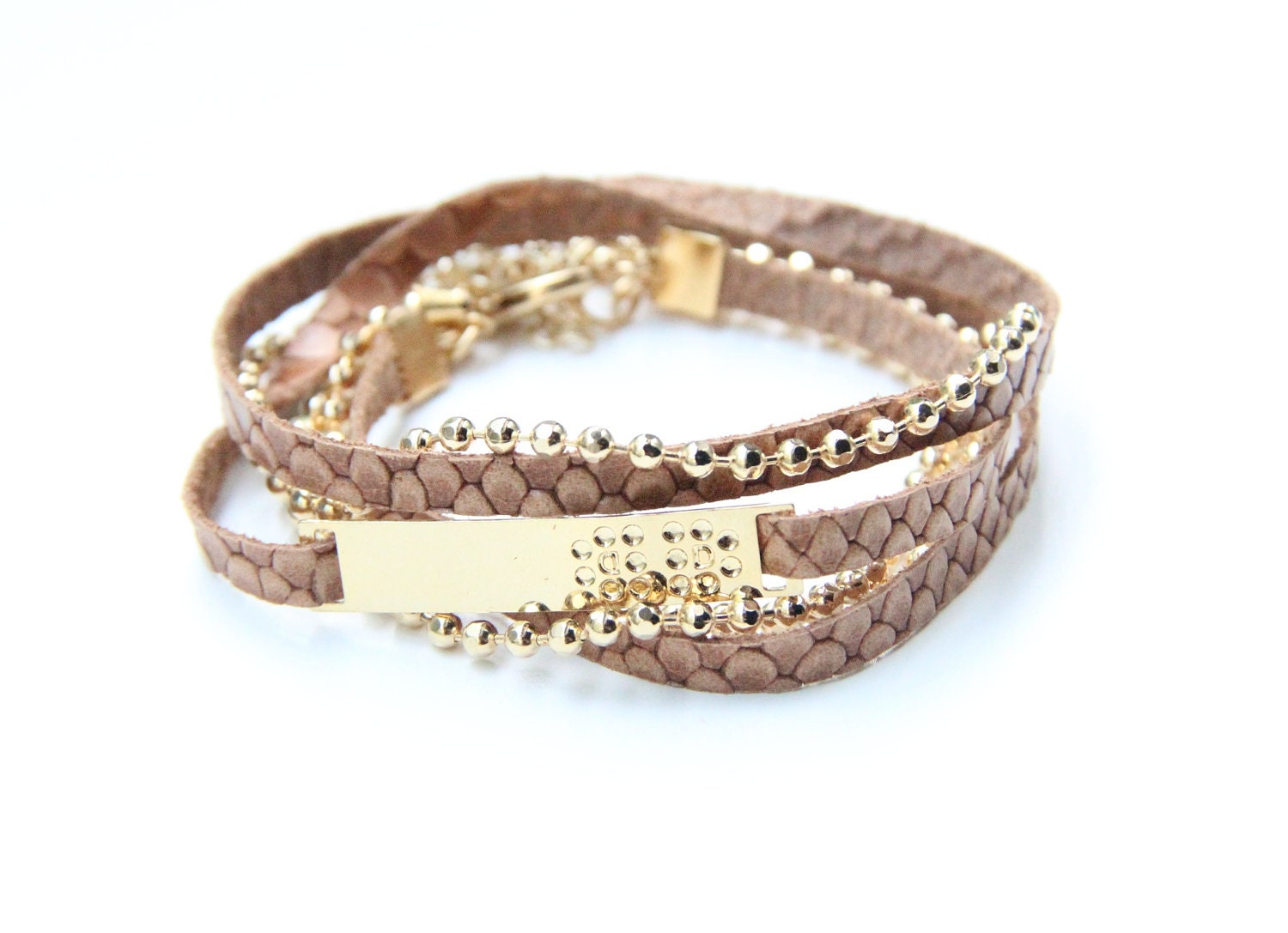Arm wrap - 3 times- Brown leather and 24k gold plated chain