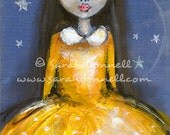 A4 Print Lemon Yellow Dress Dress Artwork Mixed Media Girl Painting Mix Media Original Woman Collage Wall Art Digital Stars Night- Starlight