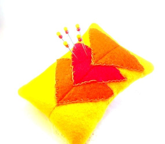 CLEARANCE Needlecraft geometric triangles pincushion neon bright felt Autumn fall yellow orange hot pink sewing room craft room gift tagt