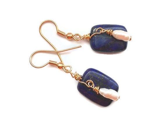 Lapis Lazuli Earring, Mothers Day Pearl Earrings, Birthstone Dangle