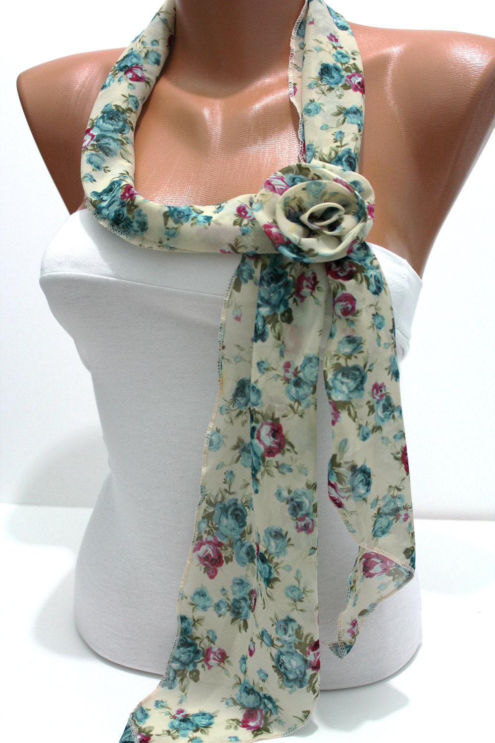 Floral Chiffon Scarf - with flower clips- Headband  - New
