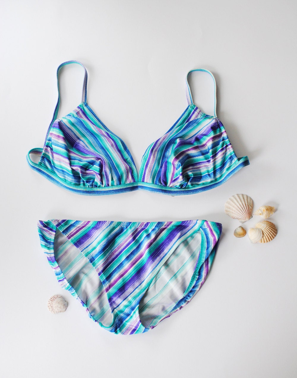 Vintage Bikini // Blue Striped Underwire Bikini set // Swimwear // Bathers Size 42 D Cup