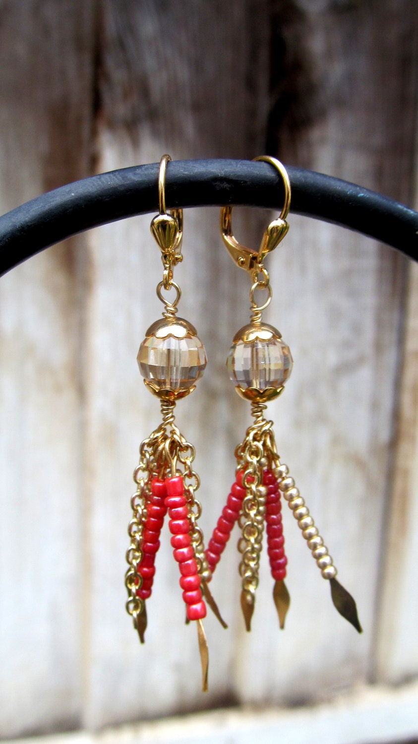 Red and gold dangle earrings - christmas - crystal