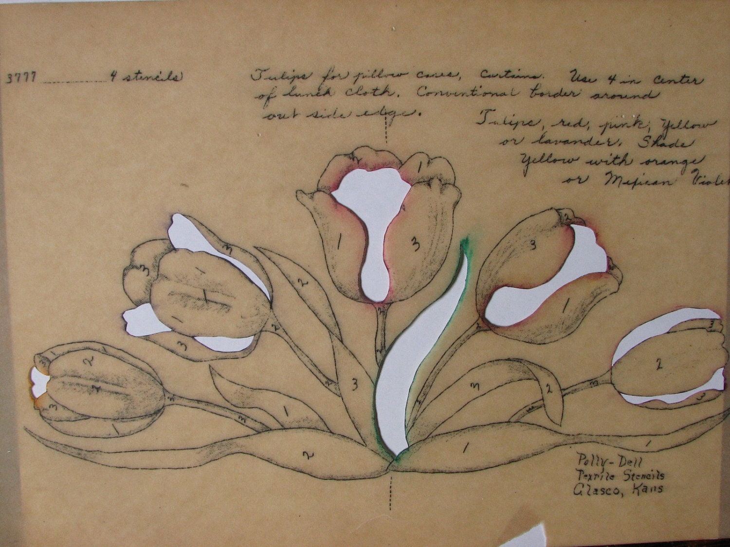 Polly Dell Textile Stencil Set / No.3777 Glasco Kansas Vintage / Flowers Tulips Beige