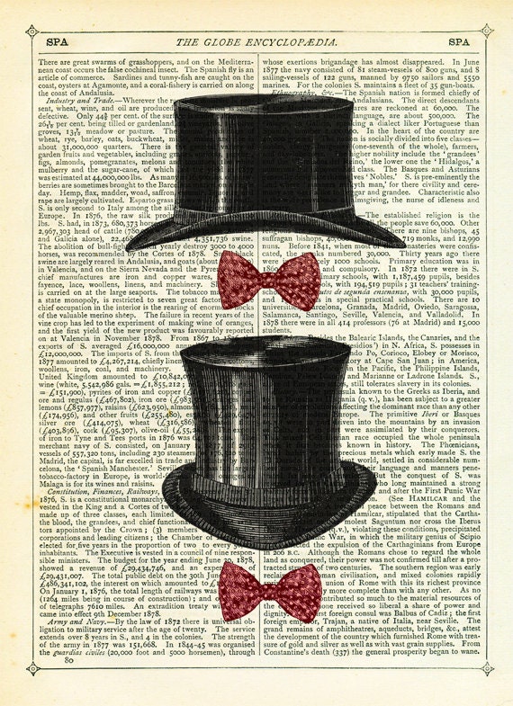 Top Hats and Bow Ties Dictionary Art Print Vintage Upcycled Book Page Art Collage