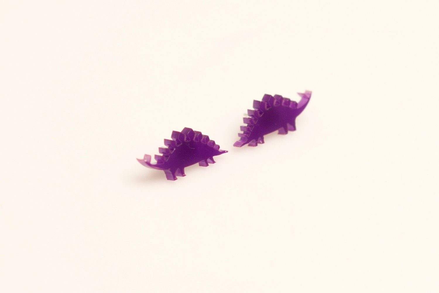 Stegosaurus Earrings. Laser Cut Acrylic Dinosaur Studs. Purple and Coloured Perspex.