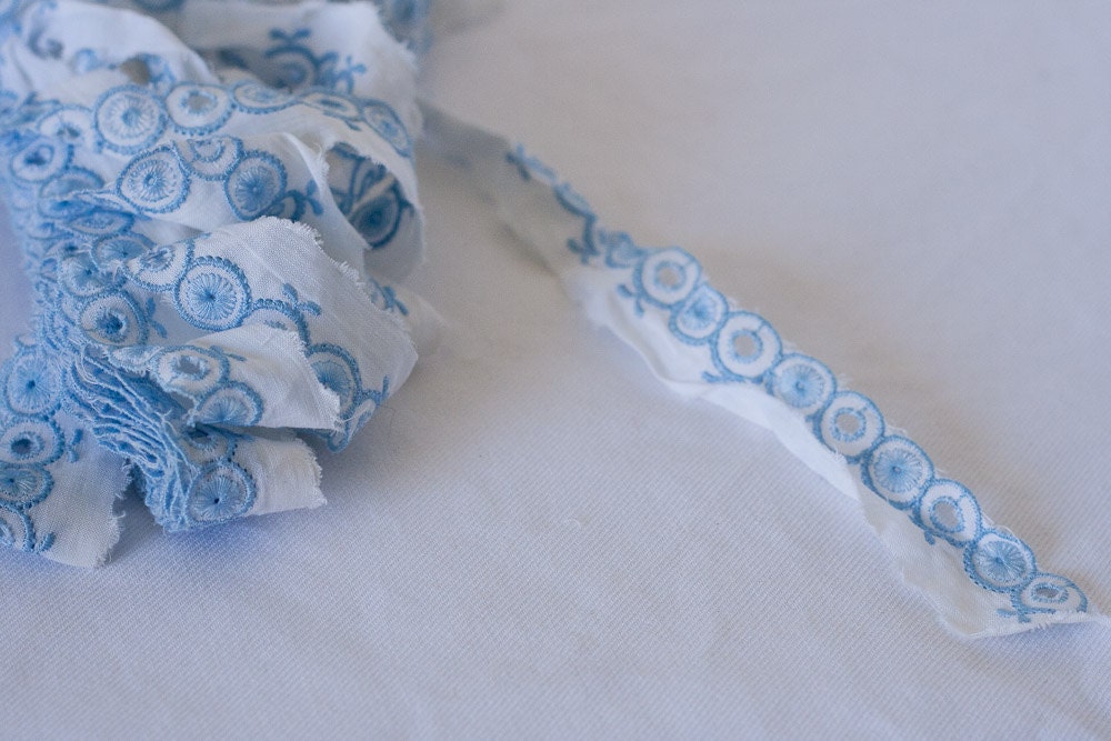 Vintage Embroidered French Edging - Blue and White - For sewing and crafts and scrapbooking