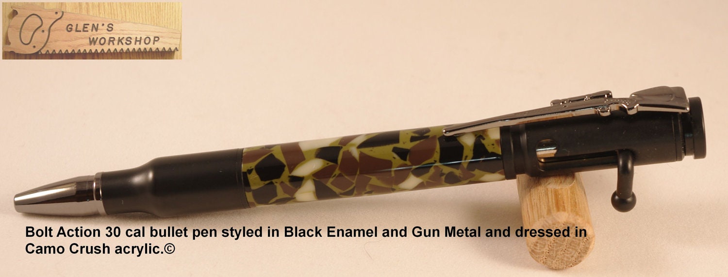 Hand Crafted Bullet Pen Black Enamel Gun Metal and Camo Crush