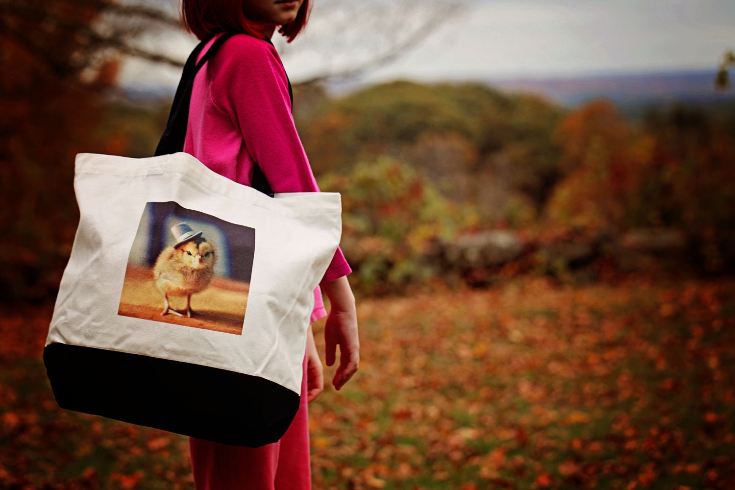 Chick in a Gray Top Hat Canvas Two Color Flat Bottom Tote Market Bag