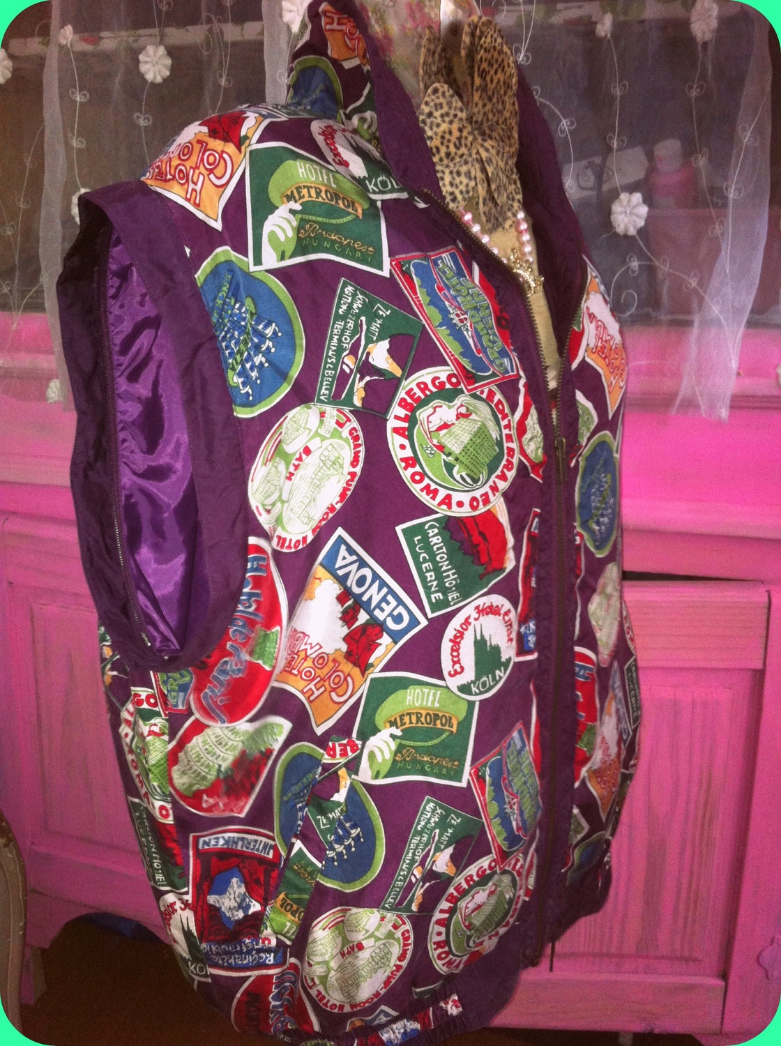 80s Vintage Retro Purple Plum Vest and or Jacket Detachable Sleeves 1980s Pop Art Paris Jacket 100 percent SILK Size Small Fits a Large