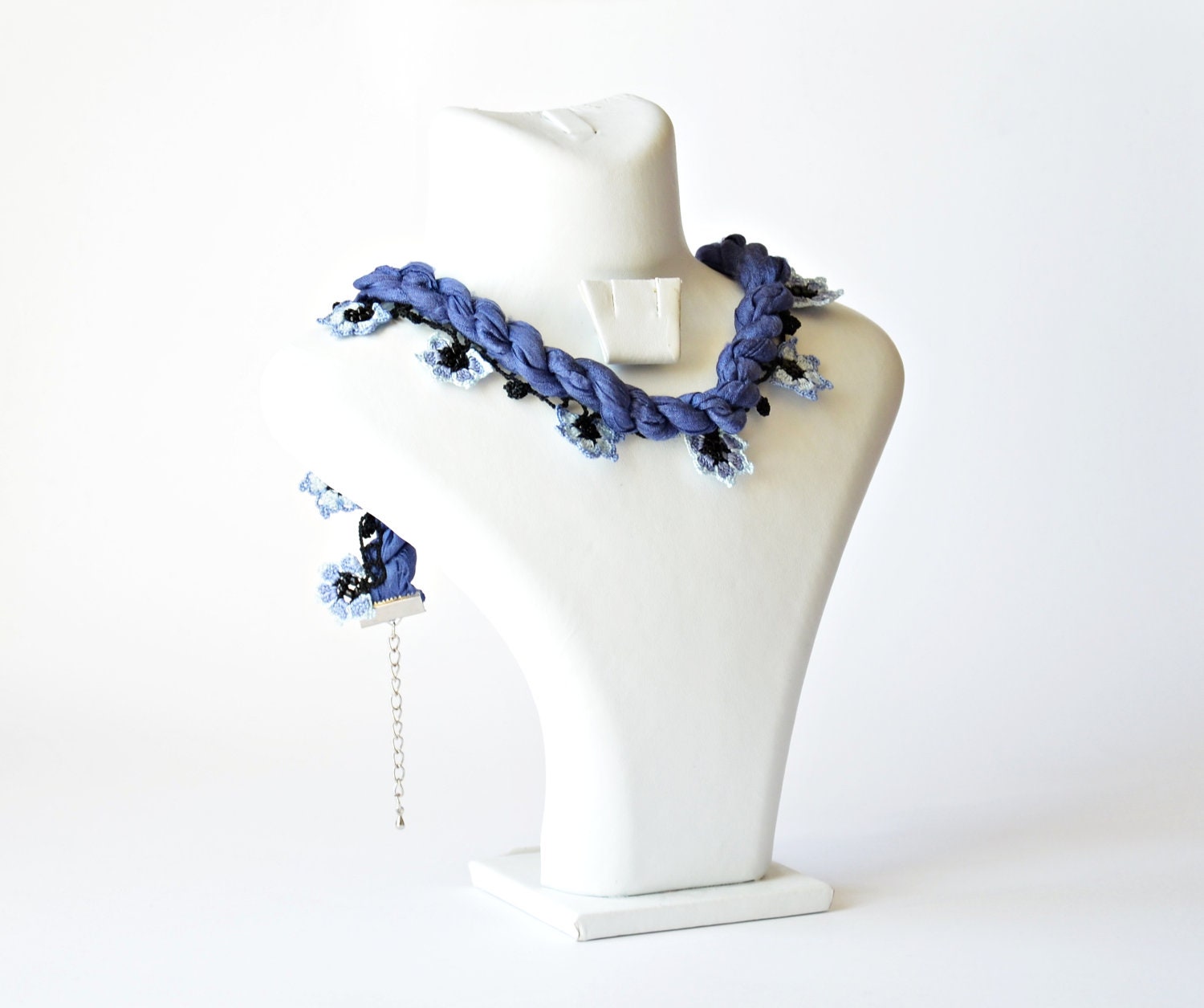 Blue Flowers, Oya, Navy Blue Silk Foulard, Crochet Necklace, Beadworki Crochet Jewelry, Handmade Jewelry