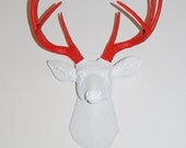 Fake Deer Head - The Grover - White W/ Red Antlers Resin Deer Head- Stag Resin White Faux Taxidermy