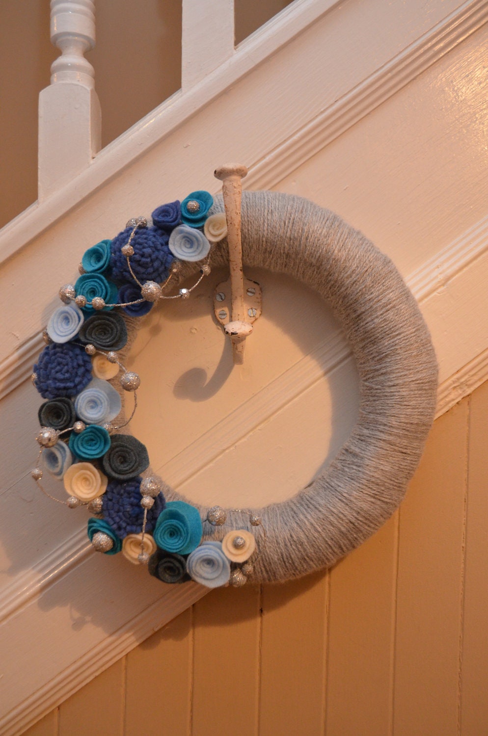 Yarn Wreath - HANUKKAH WREATH - WINTER - Yarn Covered Straw Wreath with Felt Flowers and Glitter Accents - 12 inches