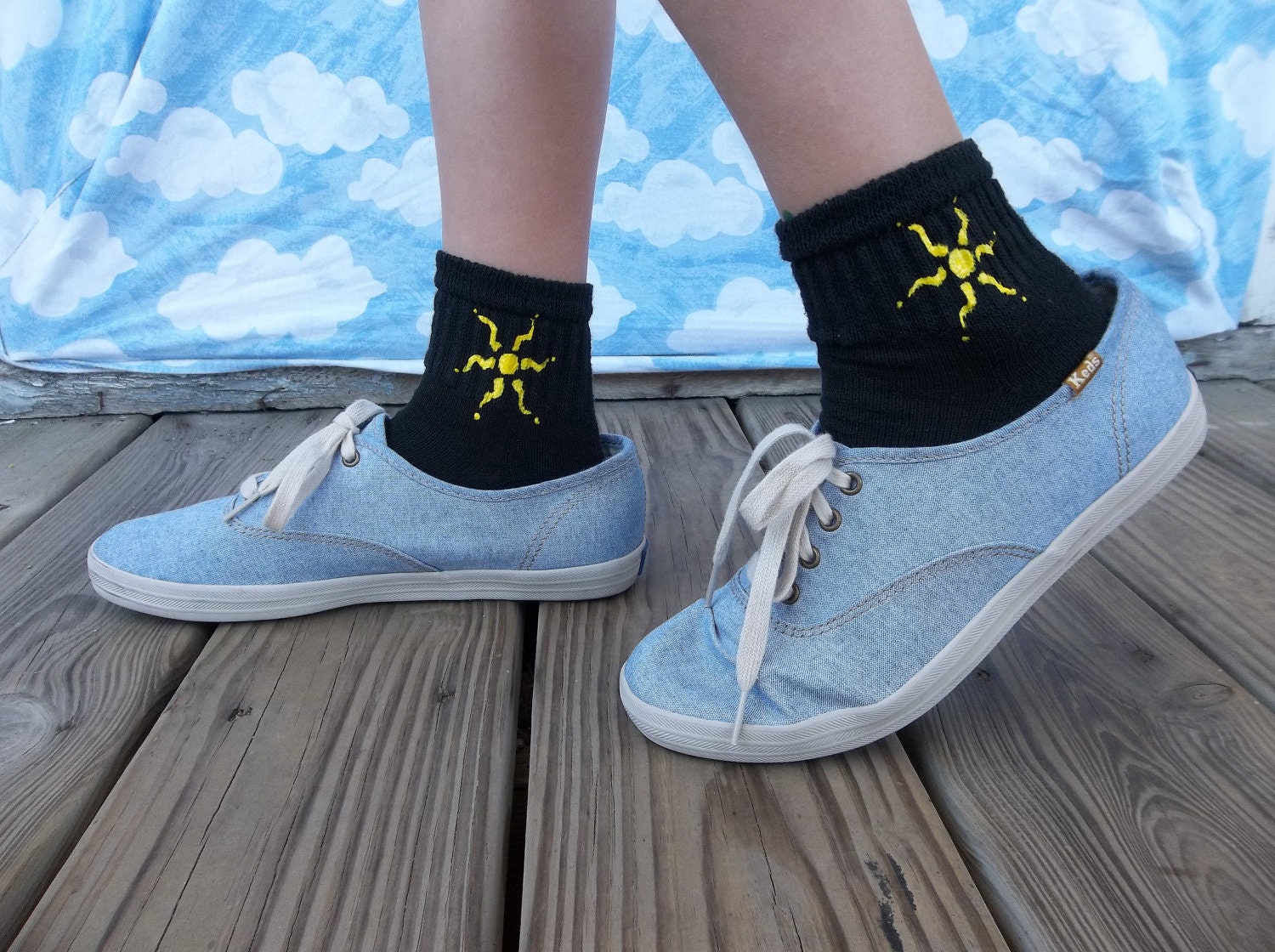 Hand Painted Black Socks for Bigger Feet: Simple Tribal Sun (teen - women's medium - men's xs/small)