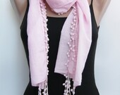 Pink cotton pompom scarf,spring scarf, summer shawl