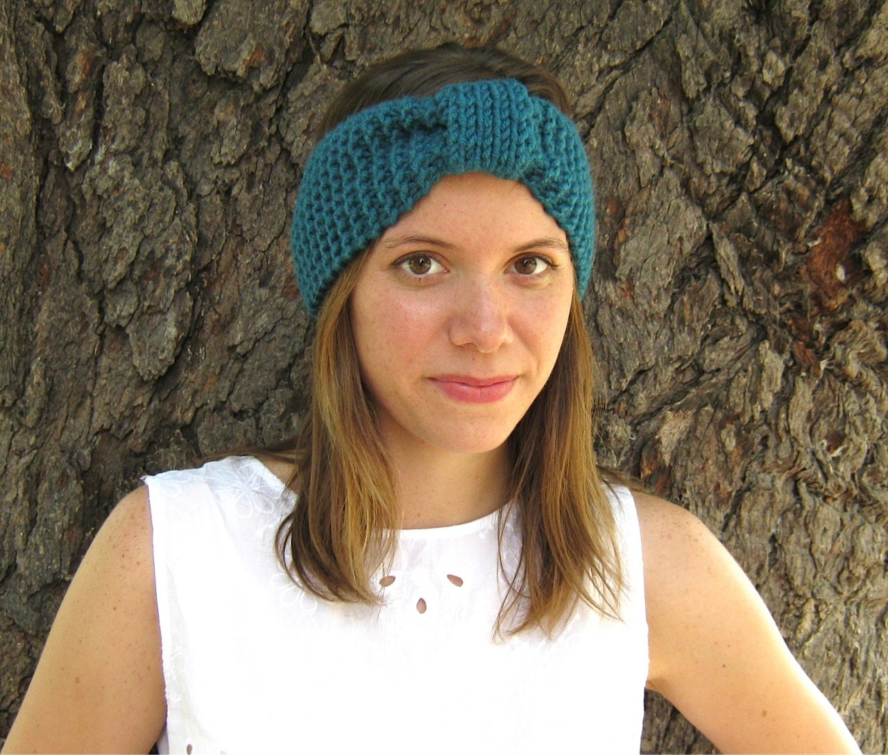 Teal knit turban headband, knit warm winter ear warmer