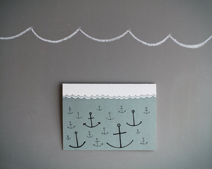 anchor notecard. nautical blank note card . ocean . water . blue . anchor . nautical stationery.  modern hand drawn greeting card .