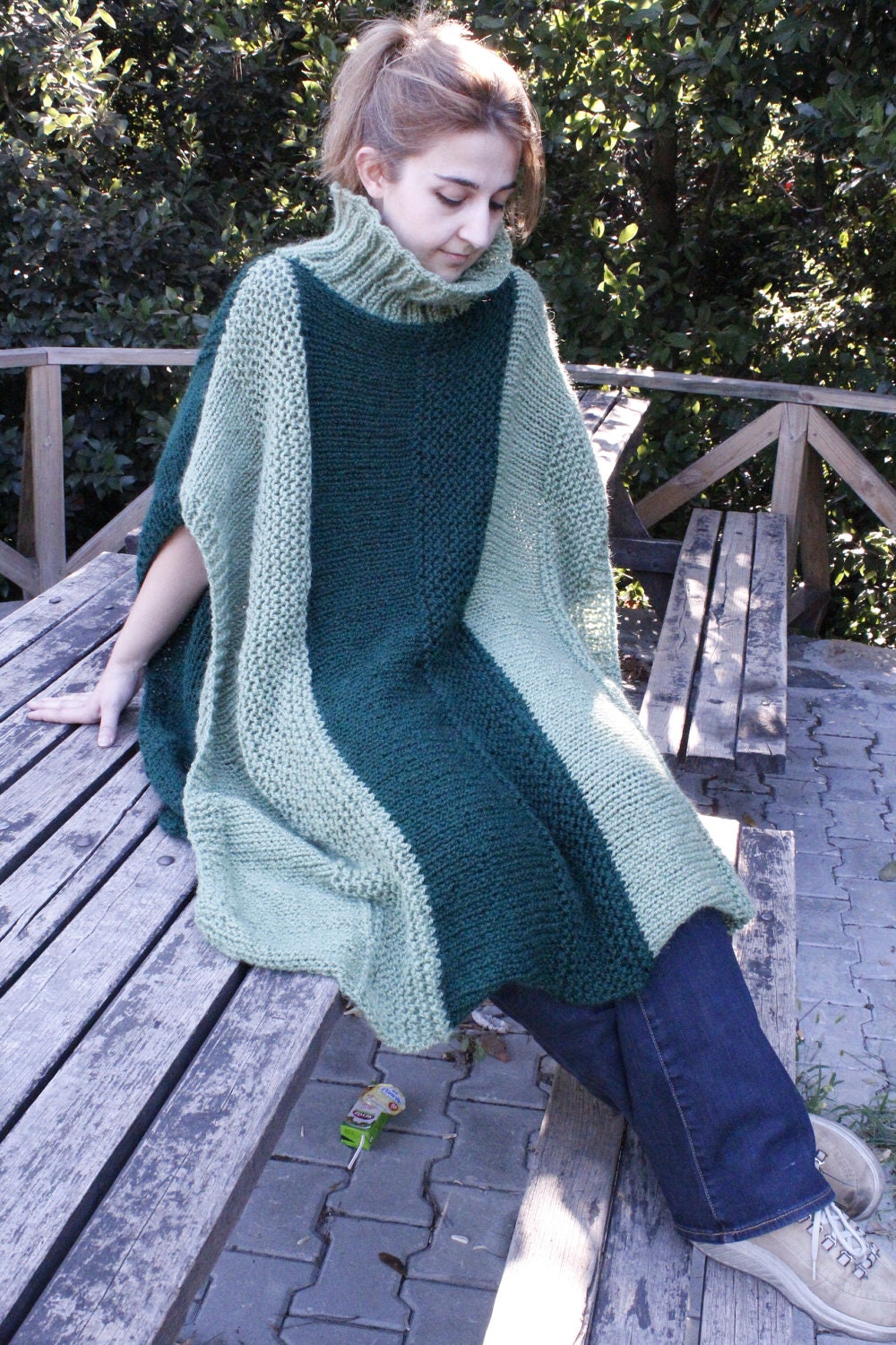 50% OFF- WAS 150USD-Knitted Dark Green Khaki Long Mohair Poncho by Arzu's Style
