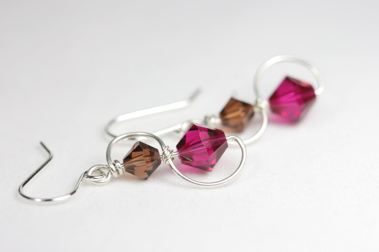 Ruby Swarovski Crystal Earrings Wire Wrapped Jewelry Handmade Sterling Silver Jewelry Handmade Brown Swarovski Crystal Earrings